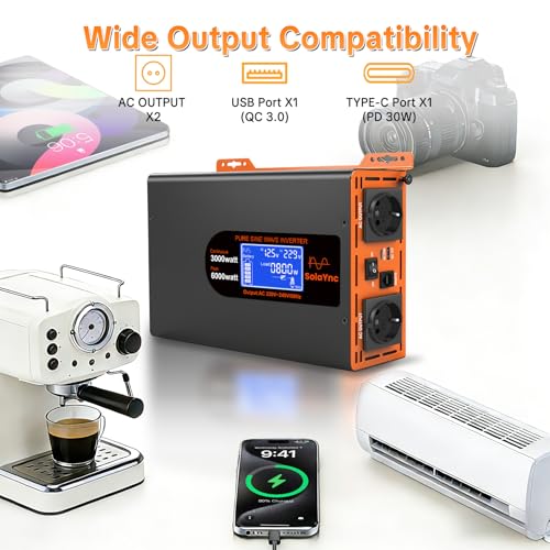SolaYnc 3000W/6000W 12V 220/230V Pure Sine Inverter DC AC Sine Wave Inverter, with LCD Display, Remote Control, 2 EU AC Sockets, Type-C 30W Interface and USB Port, for Cars, Boats, Trucks