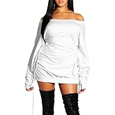 GOKATOSAU Women's Sexy Casual Off Shoulder Long Sleeve Lace Up Loose Club Mini Dress