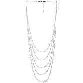 COOLSTEELANDBEYOND Oval Beads Statement Necklace Multi-Strand Long Chains with Crystal Charm Pendant
