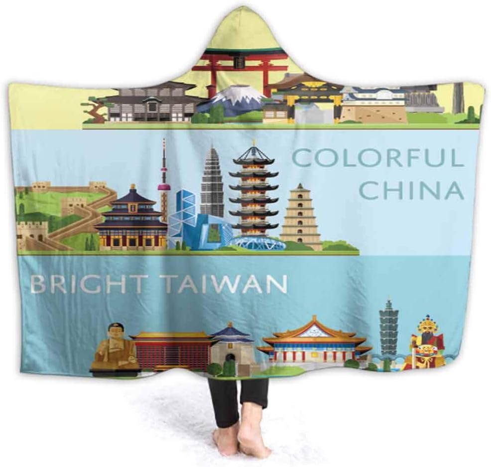 Print Hooded Blankets Worlddwide Travel Flyers Famous Architectural Dmarks Trendy Cuddly Warm Winter Sherpa Fleece Costumes for Women Men Teens Lounging Sofa, 80W by 60H Inches