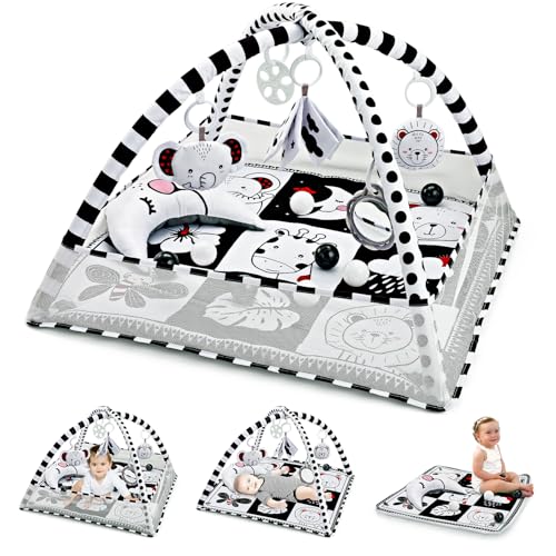Tummy Time Mat 8-in-1, Play Gyms for 0-6 Months Black and White Baby Play Mat Activity Gym with Sensory Toys and Pillow High Contrast Newborn Play Mat for Newborn Babies