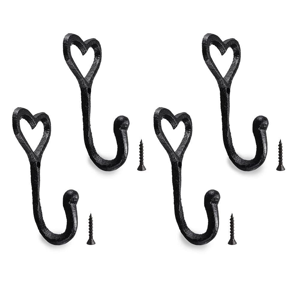 La Llareta Black Coat Hooks, 4 Pieces Love Heart Coat Hooks, Wall Mounted Coat Hanger, with Screws, for Bathroom, Kitchen, Office, Clothes, Bags, Towels, Bedroom