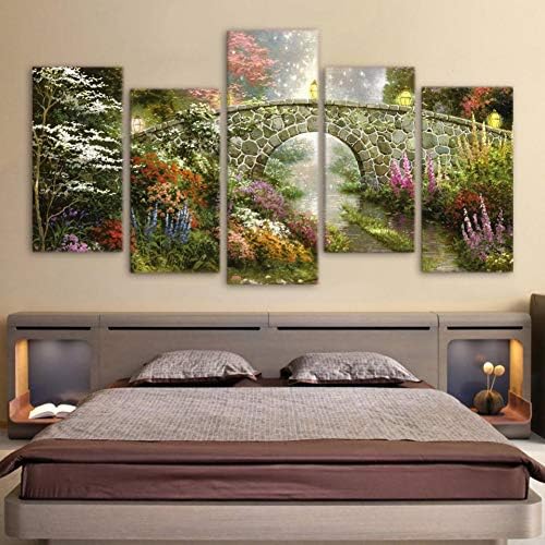 HIOJDWA Paintings Living Room Wall Decor Modern Print Poster Modular Canvas Pictures 5 Pieces Lights Bridge Flower Tree Scenery Painting Art Frame