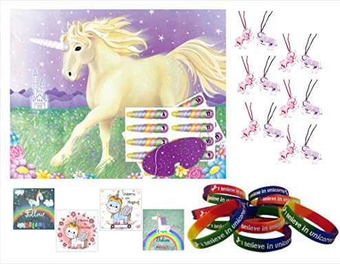 Unicorn Party Supplies Bundle with 48 Unicorn Party Favors--Unicorn Necklace (12), Unicorn Wristband (12), Cute Unicorn Stickers (24) and a fun Pin the Horn on the Unicorn Birthday Party Game