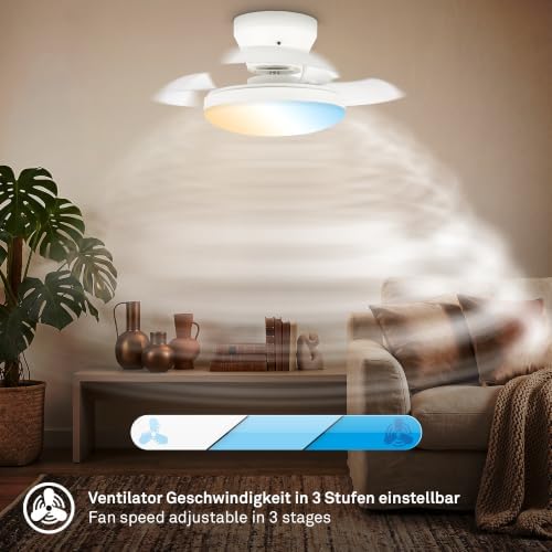 - LED Deckenventilator mit Beleuchtung, Fernbedienung, Leiser DC-Motor, 3 Geschwindigkeiten, Flügel ausfahrbar, CCT, Dimmbar, Lampe mit Ventilator, Ventilator Deckenleuchte, 44x16,5 cm, Weiß