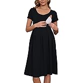 Ecavus Women's Nursing Dress Short Sleeve Hidden Zipper Maternity Breastfeeding Dress with Pockets