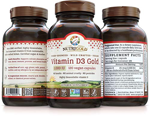NutriGold Vitamin D3 1000 IU, 120 Vegan Capsules (Vegan D3 from Lichen, GMO-Free, Preservative-Free)