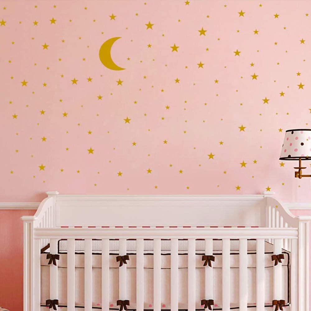 Moon and Stars Wall Decal Vinyl Sticker, Removable Children Kids Art DIY Sticker Mural for Baby Boy Girls Room Decoration Good Night Nursery Wall Decor Home House Bedroom Design (Golden)