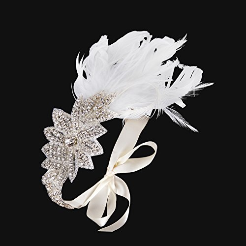 BABEYOND Women's Ribbon Headpiece Vintage Headband 1920 Feather Flapper Headband Wedding Headbands for Bride Full Crystal Beads