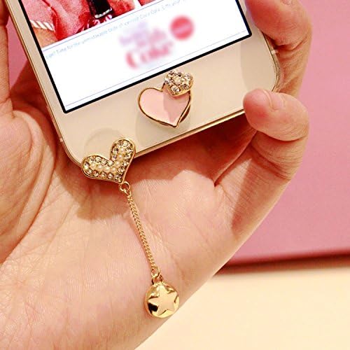 Aimell Bling Rhinestone Heart Tassel Front Anti-Dust Earphone Jack Plug Charms For Mobile Phone 3.5mm Ear Device And Pink Love Heart Home Button Sticker For iPhone iPad iPod (A Set)