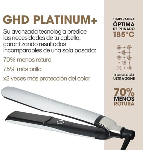 Ghd platinum+ white - alisador de cabelo profissional inteligente, menos quebra de cabelo, mais brilho e proteção da cor, tecnologia ultra-zone, temperatura ideal de modelagem de 185ºc homogêneo