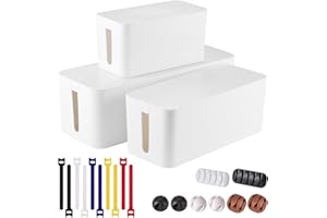 TUWECHEN 3 Pack Cable Management Box with 18 PCS Cable Management Set - Large & Medium & Small Cable Organizer Box to Hide Wires & Power Strips | TV Cord Organizer Box | for Home & Office, White