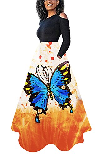 Novia's Choice Women African Floral Print Pleated High Waist Maxi Skirt Casual A Line Skirt(Blue Butterfly M) - Thumbnail 7