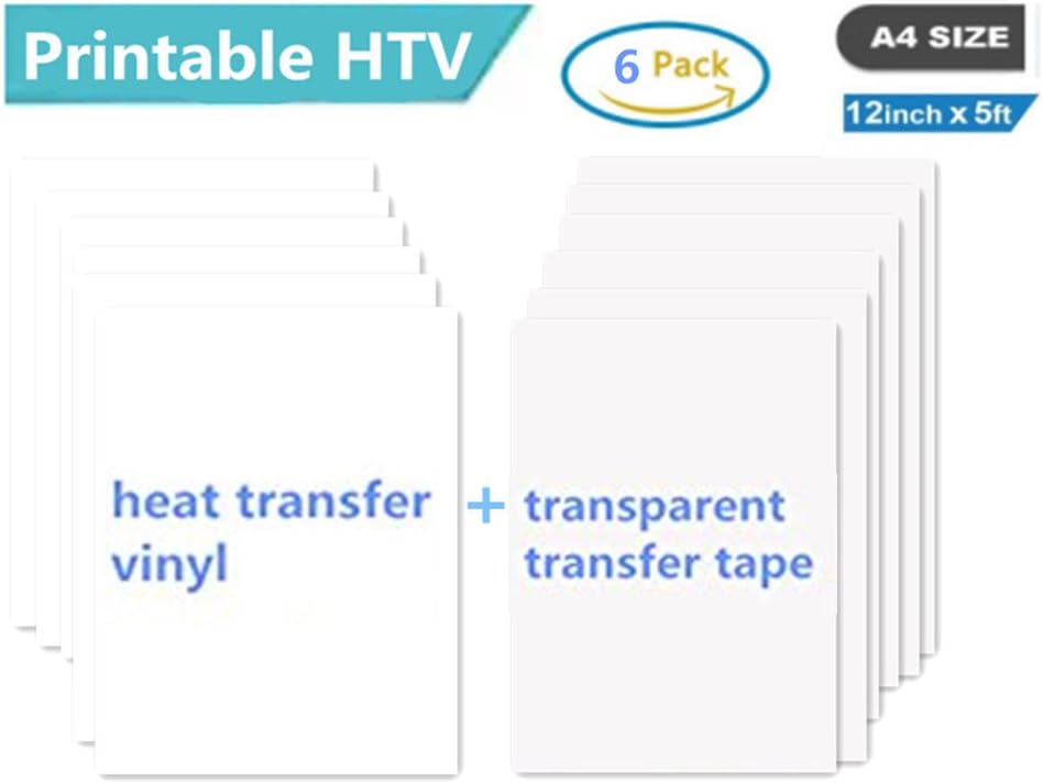 Printable Heat Transfer Vinyl Inkjet Printer Iron on HTV A4 Size for Light Fabrics or T-shirts, Pack of 6