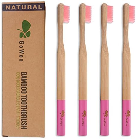 GoWoo 100% Natural Bamboo Toothbrush Soft - Organic Eco Friendly Toothbrushes with Soft Nylon Bristles, BPA-Free, Biodegradable, Dental Care Set (Pack of 4, Adult, Pink)