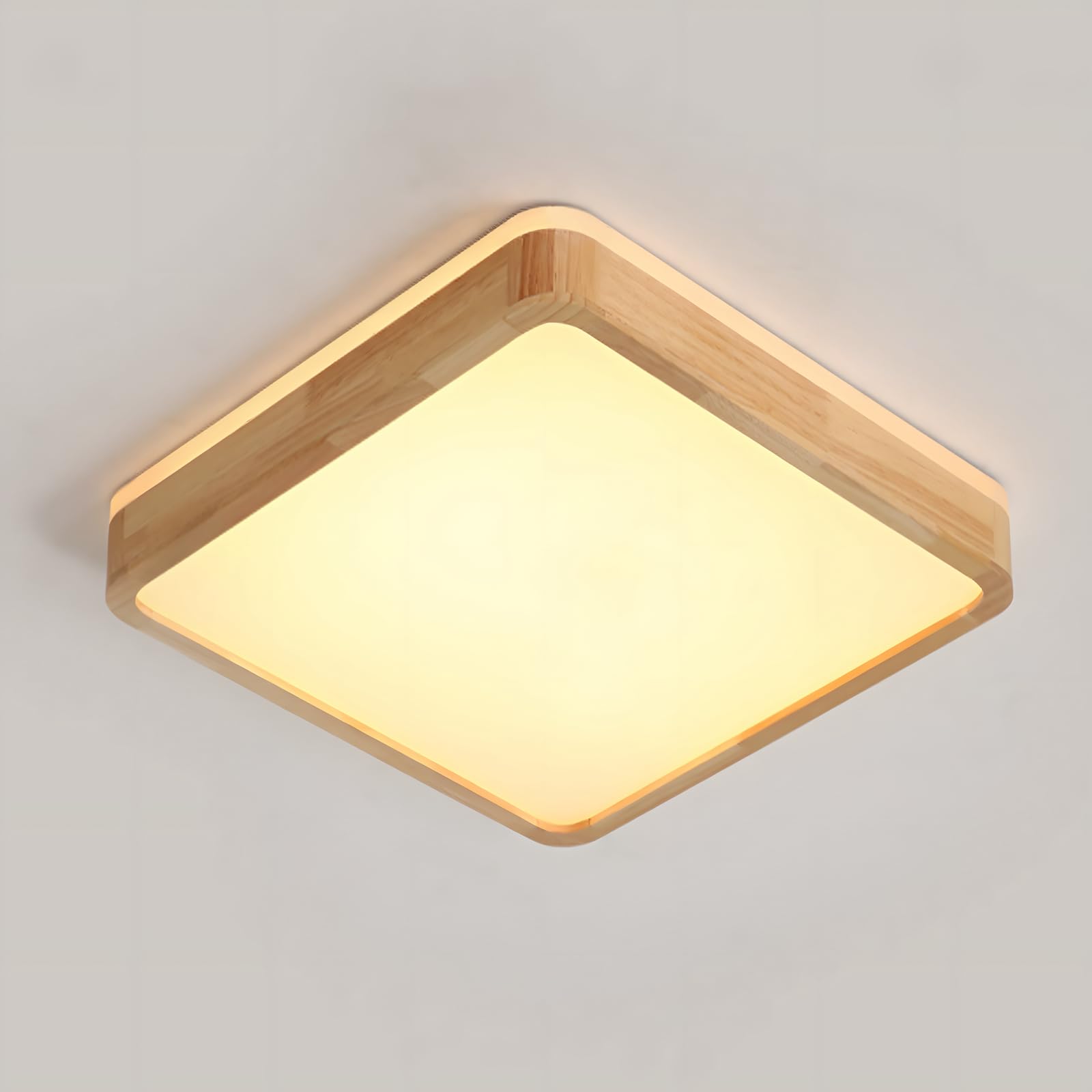 YYUTLUO LED Ceiling Light Wood, Top 360° Glow Square Natural Wooden Lamp | 3000K Warm White, 18W 1600lm | Living Room, Kitchen, Dining Room, Hallway, Home, Office, Children's Room, Study (Ø30cm)