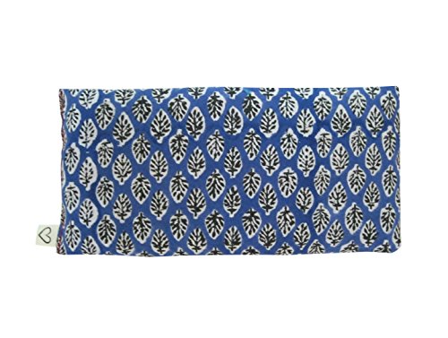 Scented Yoga Eye Pillow – Lavender Flax Seed – 4 x 8.5 – Block Printed – Soft Cotton – Organic Naturally Soothing – leaf blue black white
