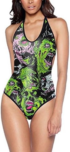 LoveLiness Women Green Zombie Print Halter Backless Neck One Piece Swimsuit