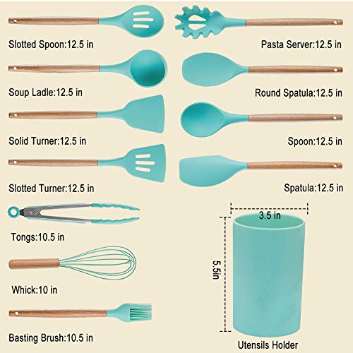 Kitchen Utensil Set, CROSDE 15pcs Cooking Utensils Set Silicone Kitchen Tools Wooden Spatula Set Cookware Turner Tongs Spatula Spoon Kitchen Gadgets with Holder - Teal - Thumbnail 3
