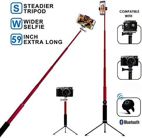 Suliko Selfie Stick Bluetooth, 59 inch Extendable Selfie Stick with Wireless Remote and Tripod Stand Selfie Stick for iPhone X/iPhone 8/8 Plus/iPhone 7 Samsung Galaxy 3.5-6 inch Screen(Red)