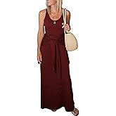 Evzeiem Women's Summer Maxi Tshirt Dress Tie Waist Casual Slim Fit Sleeveless Tank Long Beach Dresses