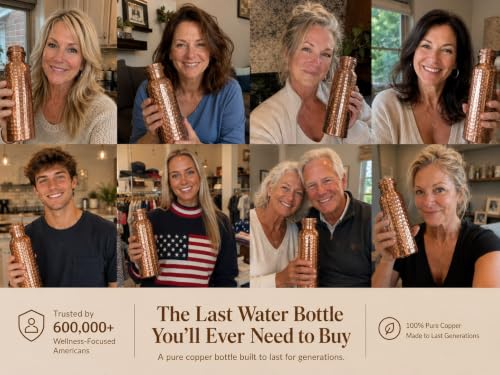CLEO HOME 100% Pure Copper Water Bottle for Drinking, 34 Oz Hammered Ayurvedic Copper Bottle for Drinking Water | Leak-Proof & Eco-Friendly | For Yoga, Office, Travel with Canvas Carry Bag & Brush