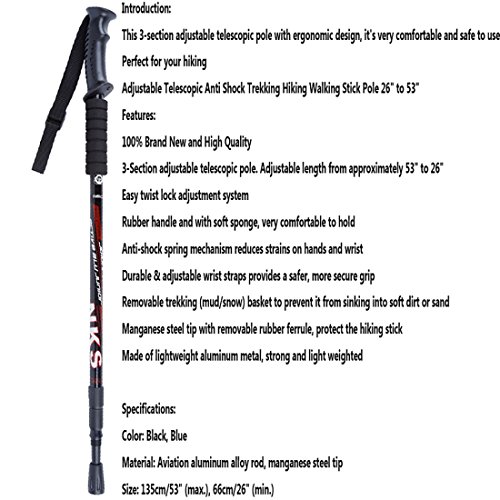2Pcs/lot Anti Shock Nordic Walking Sticks Telescopic Trekking Hiking Poles Ultralight Walking Canes With Rubber Tips Protectors (1 Pair Black)