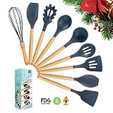 Silicone Cooking Utensils Kitchen Utensil Set, 9 Pieces Kitchen Cooking Tool With Natural Wooden Handles For Nonstick Cookware, Silicone Spatula Set Tools For Cooking, Hand Wash (Dark Gray)