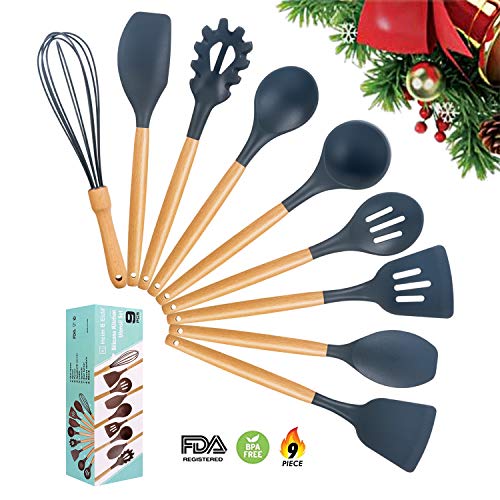 Silicone Cooking Utensils Kitchen Utensil Set, 9 Pieces Kitchen Cooking Tool With Natural Wooden Handles For Nonstick Cookware, Silicone Spatula Set Tools For Cooking, Hand Wash (Dark Gray)