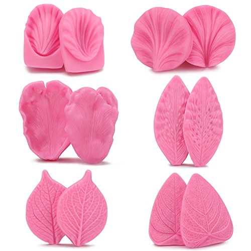 Beasea Cake Decorating Kit 6 Sets Leaves Petel Veiner Mold Silicone Sugarcraft Fondant Flower, Shells Molds Color Pink