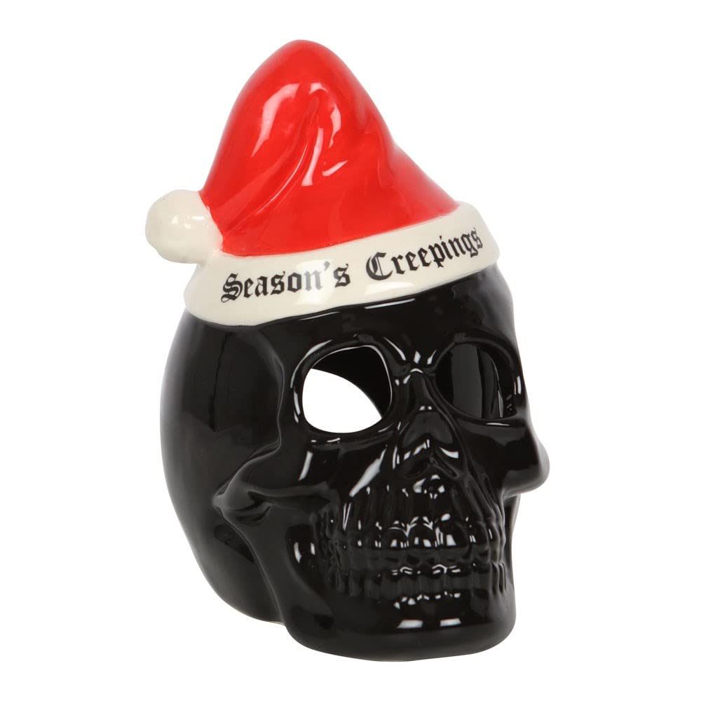 Gothic "Season's Creepings" Skull Tealight Holder - 16cm x 10cm (1 Pc.) - Alternative Festive Decor with Black Skull and Santa Hat, Perfect for a Spooky Christmas Ambiance