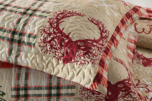 MarCielo 3 Piece Christmas Quilt Set, Rustic Lodge Deer Quilt Bedspread Throw Blanket Lightweight Bedspread Coverlet Comforter Set BY010 (King) - Thumbnail 5