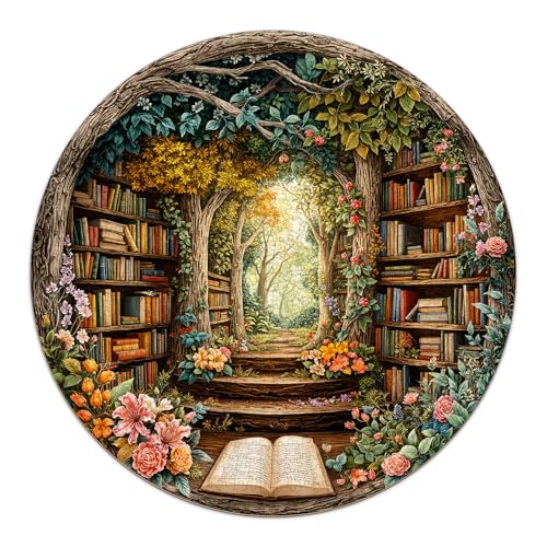 AEEKDOOK Spring Forest Bookshelf Puzzles for Adults 1000 Pieces, Vintage Book Wildflower Jigsaw Puzzles 1000 Pieces for Adults, Round Puzzles with Letters On Back, Challenging Game Toys