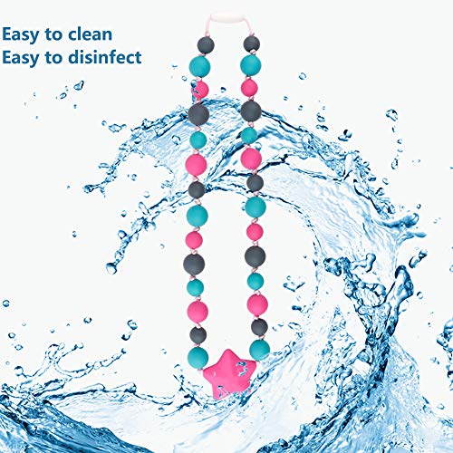 TUXEPOC Sensory Chew Necklace for Kids,Girls/Boys Silicone Teething Necklace for Baby,Oral Sensory Chew Toys Teether Necklace Chewing Designed for Autism, ADHD, BPA Free Chew Beads (Pink)