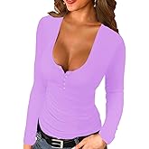 Afibi Women Long Sleeve Tops Scoop Neck Low Cut Slim Fitted Henley Shirt Ribbed Basic Tee Shirts Tops
