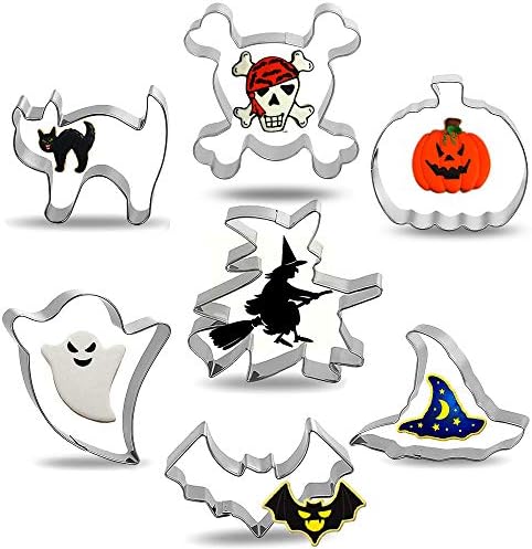 RichSmile 7PCS Halloween Cookie Cutters for Trick or Treat, Pumpkin, Witch Hat, Bat, Ghost, Skull, Cat and Flying Witch Party Decorations