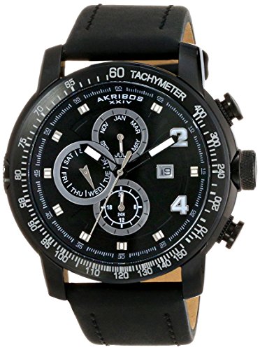 Akribos XXIV Men's AK743BK Multifunction Quartz Movement Watch with Black Dial and Black Leather Calfskin Strap