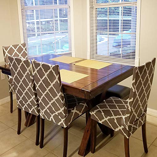SearchI Dining Room Chair Covers Slipcovers Set of 4, Spandex Fabric Fit Stretch Removable Washable Short Parsons Kitchen Chair Covers Protector for Dining Room, Hotel (Gray+White, 4 per Set) - Thumbnail 7