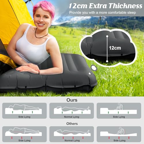Hsweeth 12 cm Thick Self-Inflating Camping Mattress Inflatable Mattress Compact Ultralight with Foot Pump and Pillow Waterproof Sleeping Mat for Hiking, Travel, Backpack