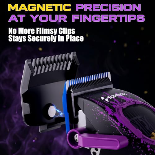 SUPRENT Professional Hair Clipper-Cordless Man Hair Clipper Kit with Titanium Coated Fade Blade, Magnetic Guide Combs, Charging Station (Purple)
