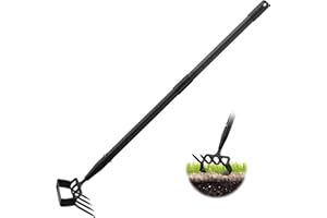 LCOKEIY Weed Puller Gardening Tools, Hula Garden Hoe and 4 Tines Rake 2-in-1 Garden Tools for Weeding, Action Stirrup Hoe with 37"-62" Adjustable Long Handle for Lawn,Vegetable Garden Loose Soil and Weeding