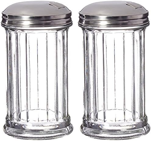 DuraWare Retro Style Sugar Dispenser/Pourer/Shaker, Glass Jar, Stainless Steel Pour-Flap Lid, 12 oz, Set of 2