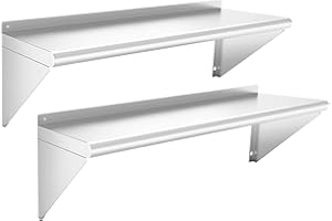 Chingoo Stainless Steel Shelf 12" x 48" - 2 Pack 350 lb Wall Mounted Commercial Stainless Steel Shelves Metal Shelving for Restaurant, Bar, Utility Room, Kitchen and Garage