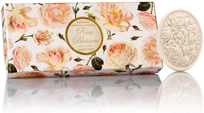 Rose Flower, box of Italian Rose Soap, oval soaps sculpted with bouquet of flowers, 3 x 4.40 oz.