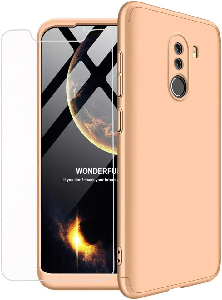 Xioami Pocophone F1 phone case +tempered glass protector Slim PC Hard Cove 360 degree 3 in 1 Ultra-thin Full Body Matte Bumper MLOTECH-Gold