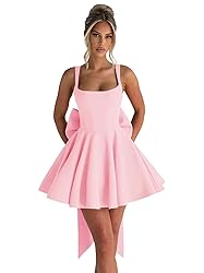 ouhati Pink Short Satin Homecoming Dresses Bow on