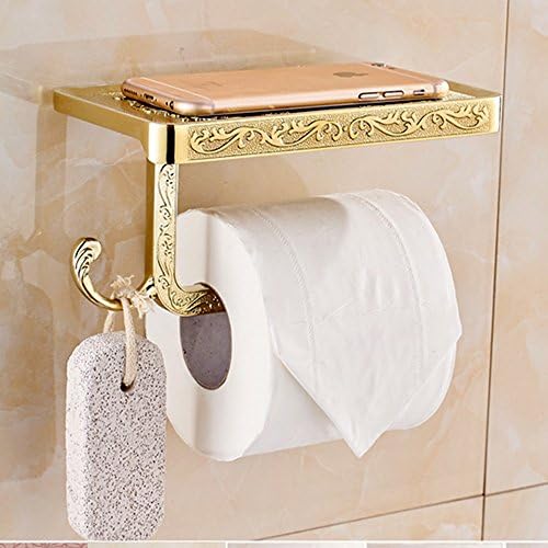 Toptik Toilet Paper Holder, SUS304 Stainless Steel Bathroom Holder with Mobile Phone Storage Shelf, Stuff Hook (Gold)