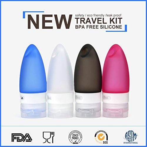 4 Pack-FNSHIP Portable Food Grade Squeeze Silicone Liquid Travel Bottles TSA Approved For Shampoo, Conditioner, Lotion, Toiletries, condiments (3.3OZ Blue+Red+Clear+Gray)