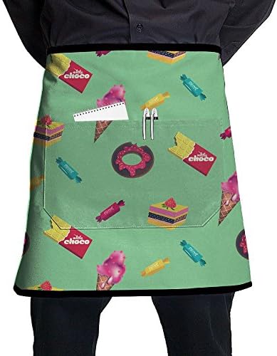 Sweet Food Ice Cream Wallpaper Pattern Stylist Waist Chef Apron With Pockets, Restaurant Short Bistro Family Half Aprons For Men Women, 21.3 X 17.7 Inches, Black