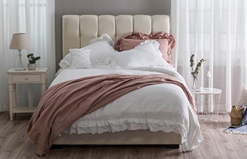 MEADOW PARK Stone Washed Pure Linen Duvet Cover Set 3 Pieces, Queen Size - 90 inches x 94 inches - Shams 20 inches x 26 inches, Double Ruffled Style - Corner Ties - Super Soft, White